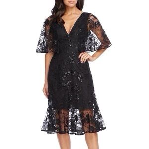 Dress The Population Roseanna Dress Black Lace Midi Flutter Sleeve